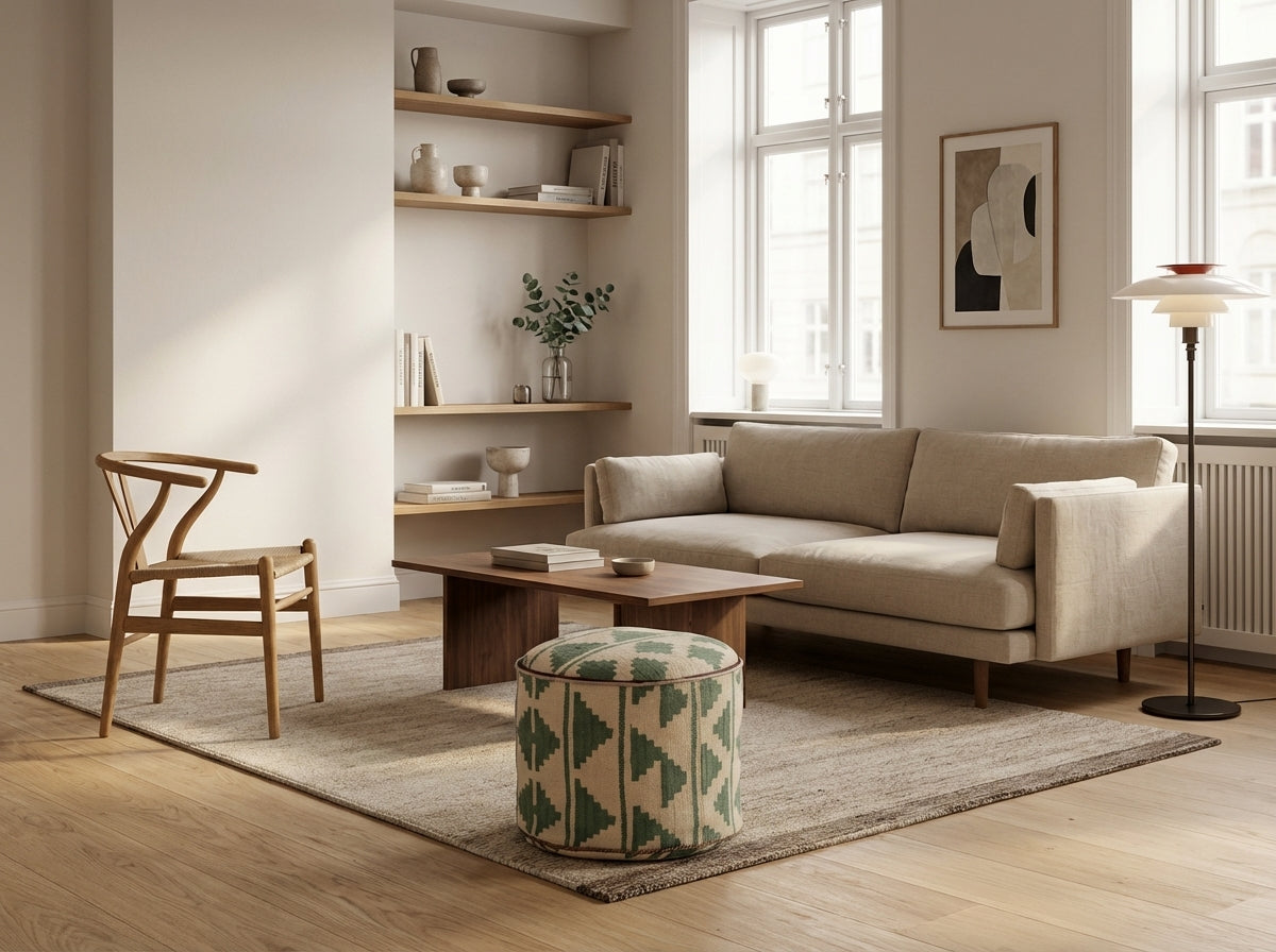 Rund kilim puf/ottoman – creme og grøn geometrisk (ID347)