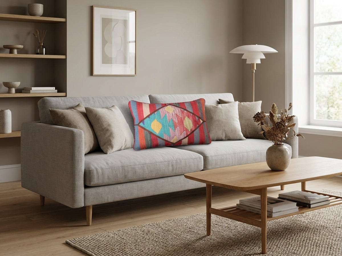 Pude med kelimbetræk (lændepude) – multifarvet diamant striber (ID341)