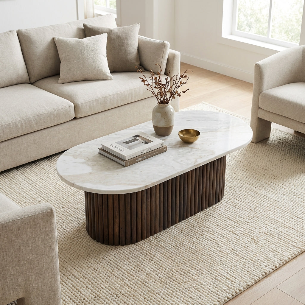 Ovalt sofabord i Valnød og Natursten (ID178)