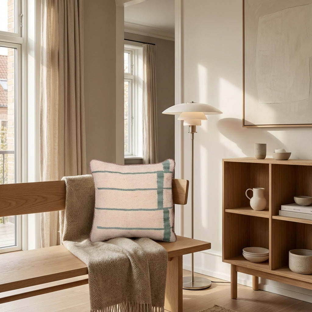 Pude med kelimbetræk (kvadrat) – creme og salvie gitter (ID328)