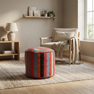 Rund kilim puf/ottoman – rød striber mønster (ID360)