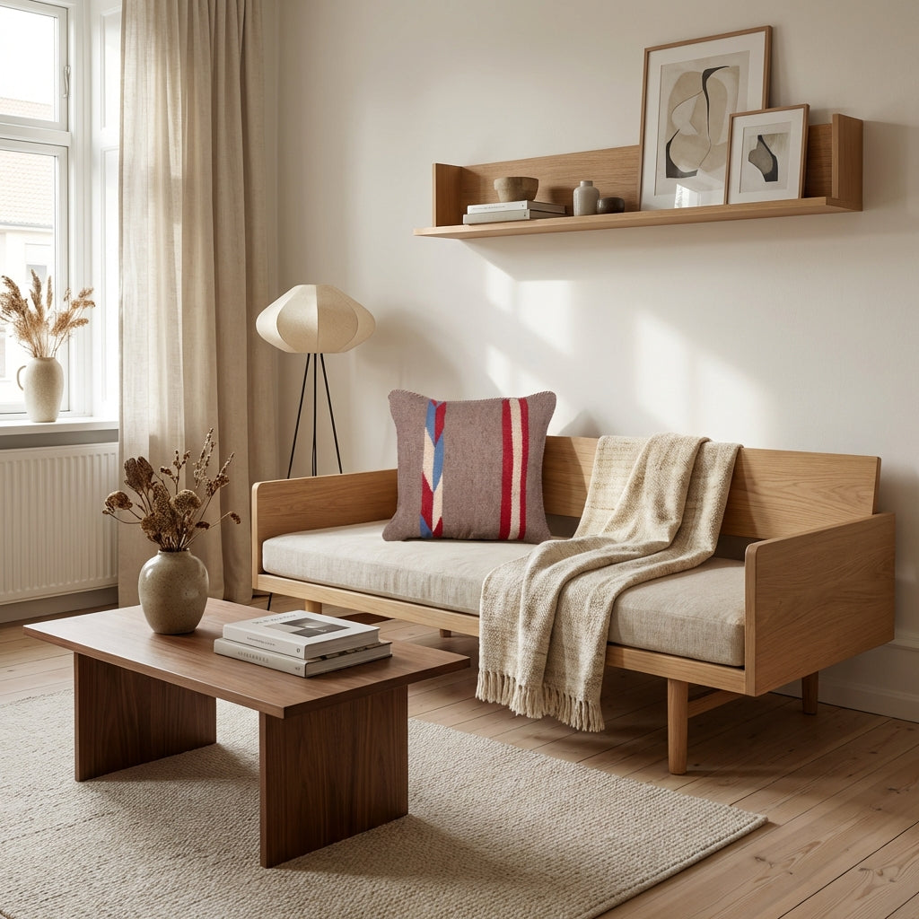 Pude med kelimbetræk (kvadrat) – brun med rød og blå striber (ID332)