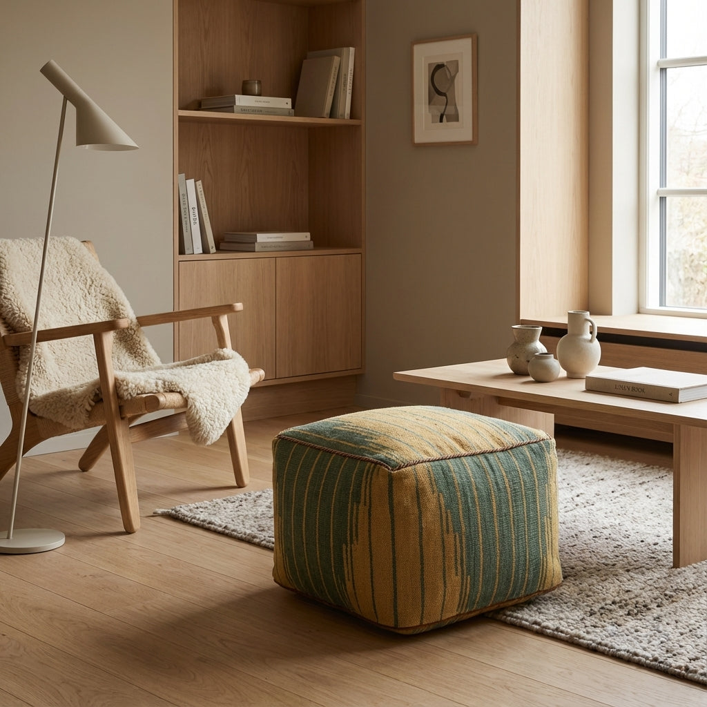 Kvadratiske Kilim puf/ottoman – sennep og blågrøn ikat (ID368)