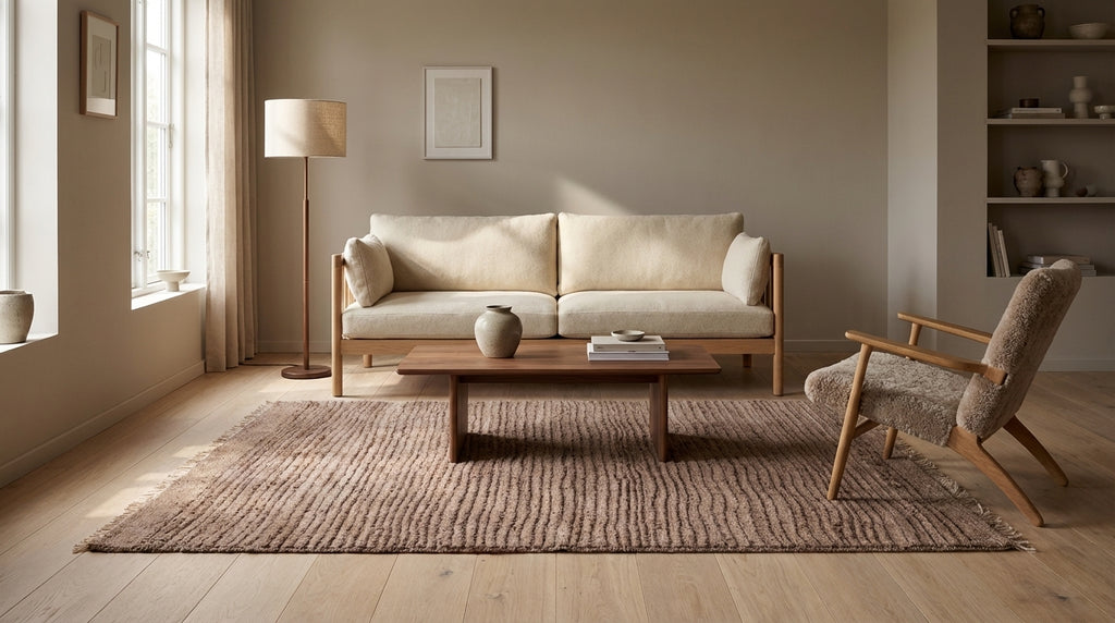 Kilim gulvtæppe – taupe minimalistisk fladvævet (ID325)