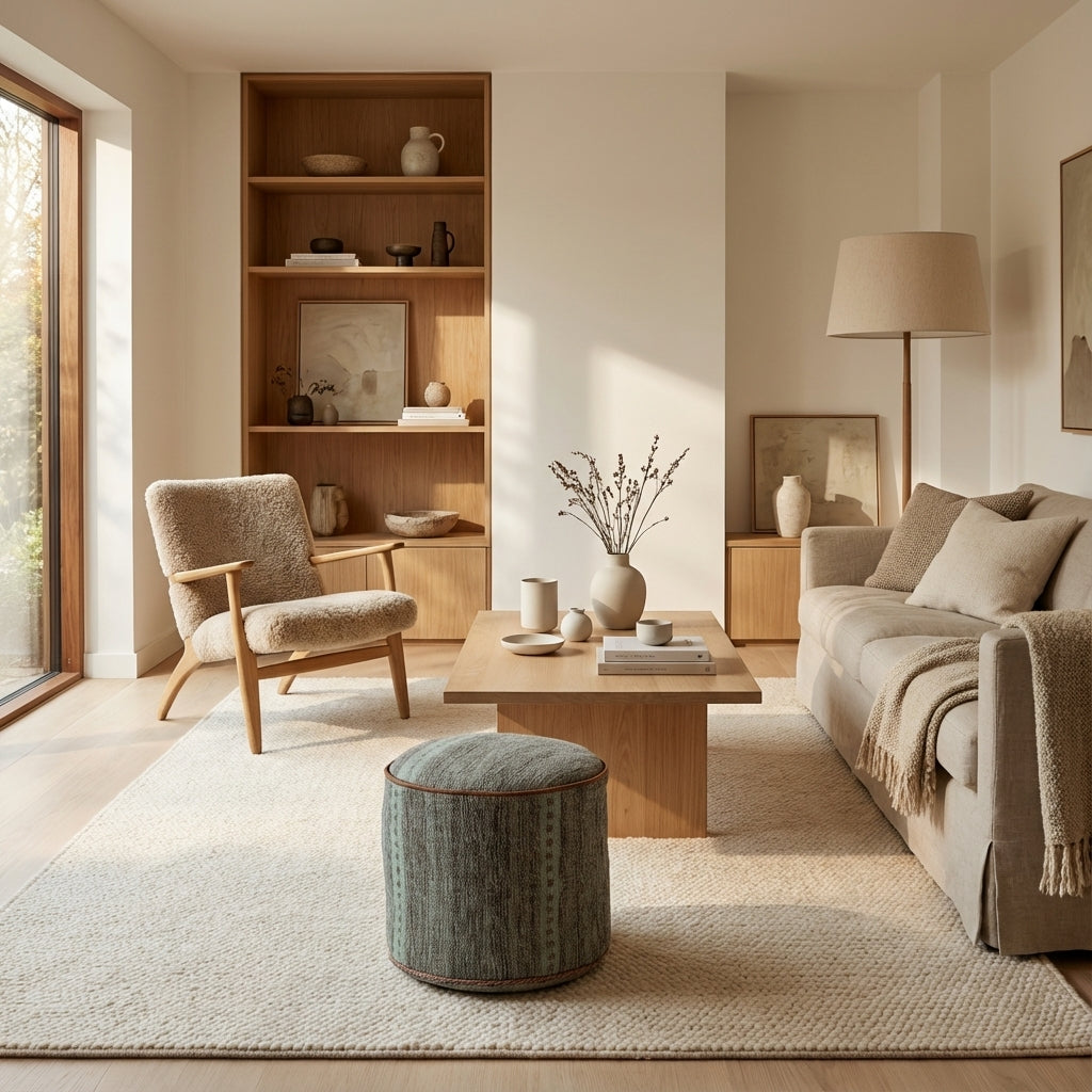 Rund kilim puf/ottoman – blågrøn striber vævning (ID348)