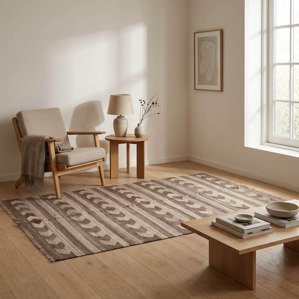 Kelim tæppe – Beige & Brun Zigzag Striber (ID312)