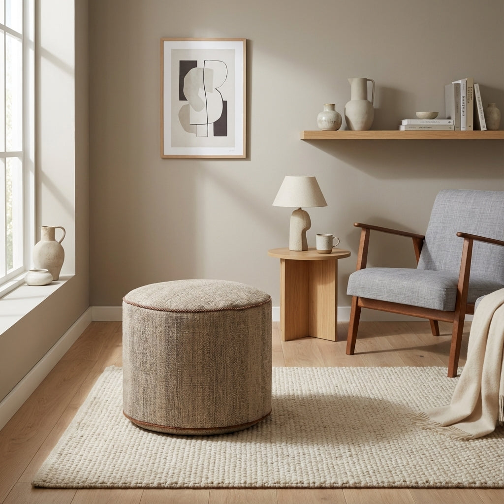 Rund kilim puf/ottoman – naturlig beige (ID351)