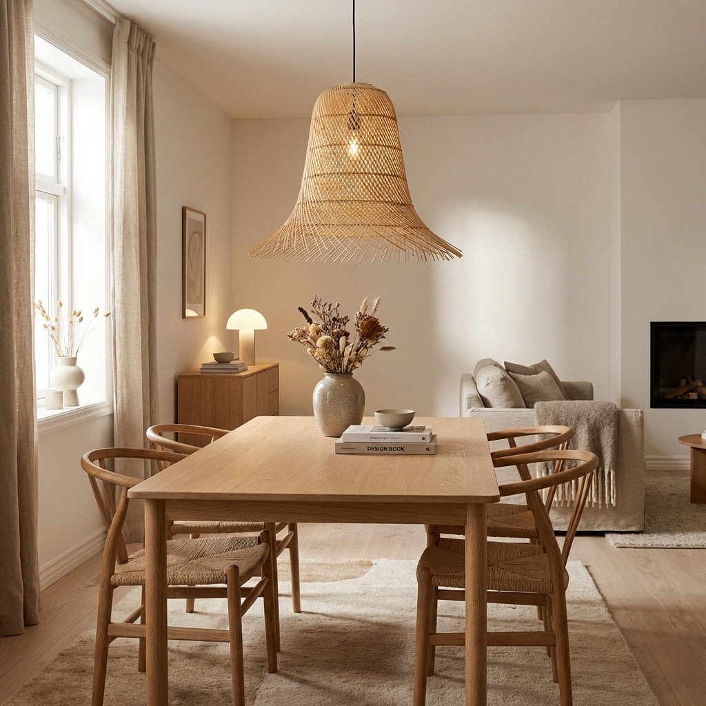 Bambus pendellampe – Klokke med frynser (ID273)