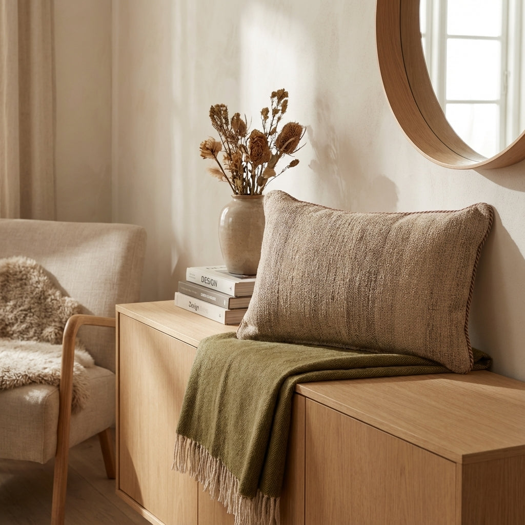 Pude med kelimbetræk (lændepude) – naturlig beige striber (ID342)