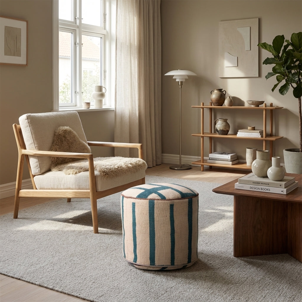 Rund kilim puf/ottoman – creme og blågrøn striber (ID354)