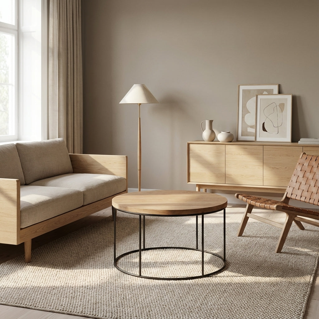 Rundt sofabord i træ og stål (ID190)