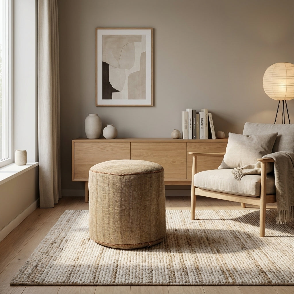 Rund kilim puf/ottoman – oliven og sand striber (ID359)