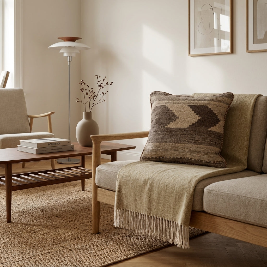 Pude med kelimbetræk (kvadrat) – grå Zigzag panel (ID337)