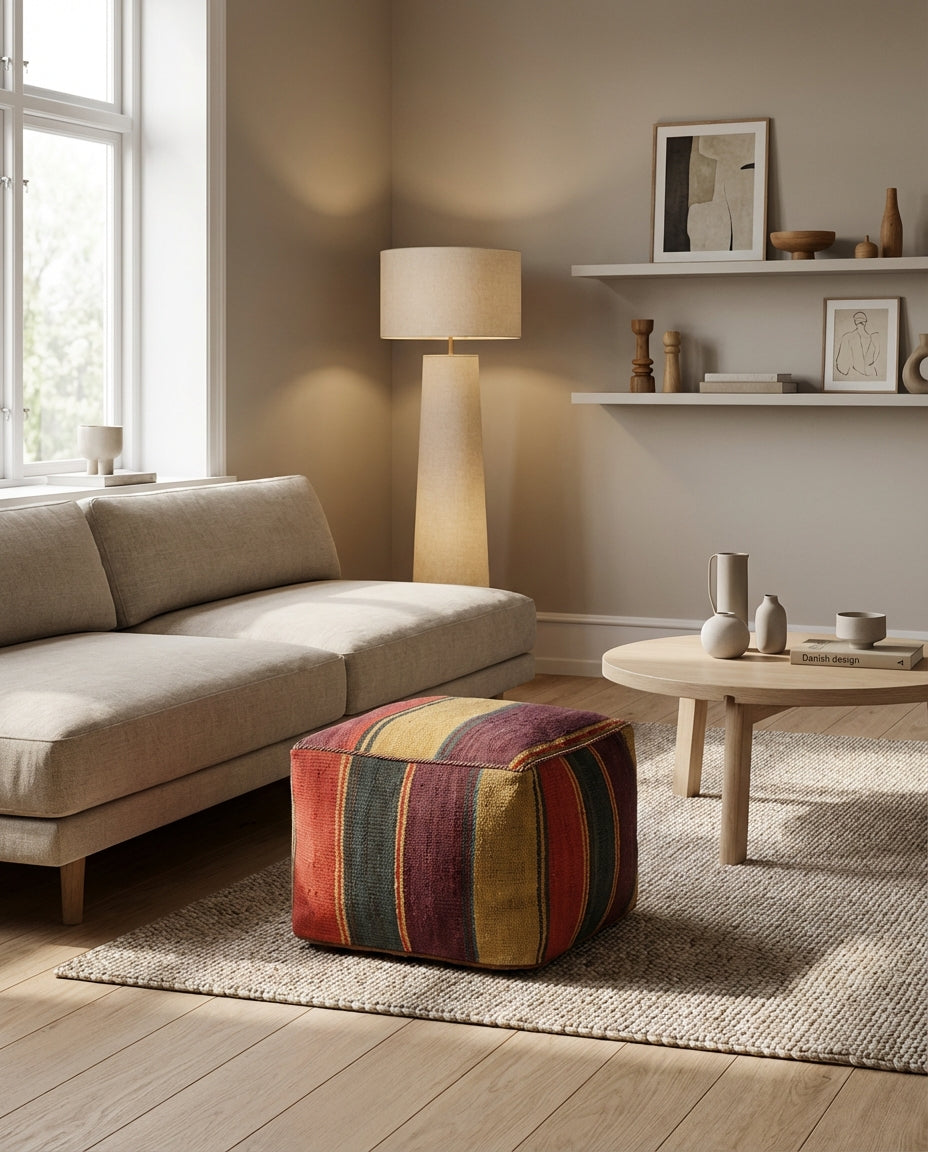 Kvadratiske Kilim puf/ottoman – multifarvet striber paneler (ID367)