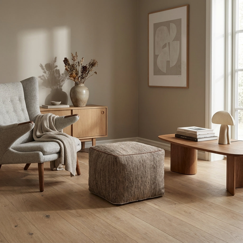 Kvadratiske Kilim puf/ottoman – taupe meleret (ID363)