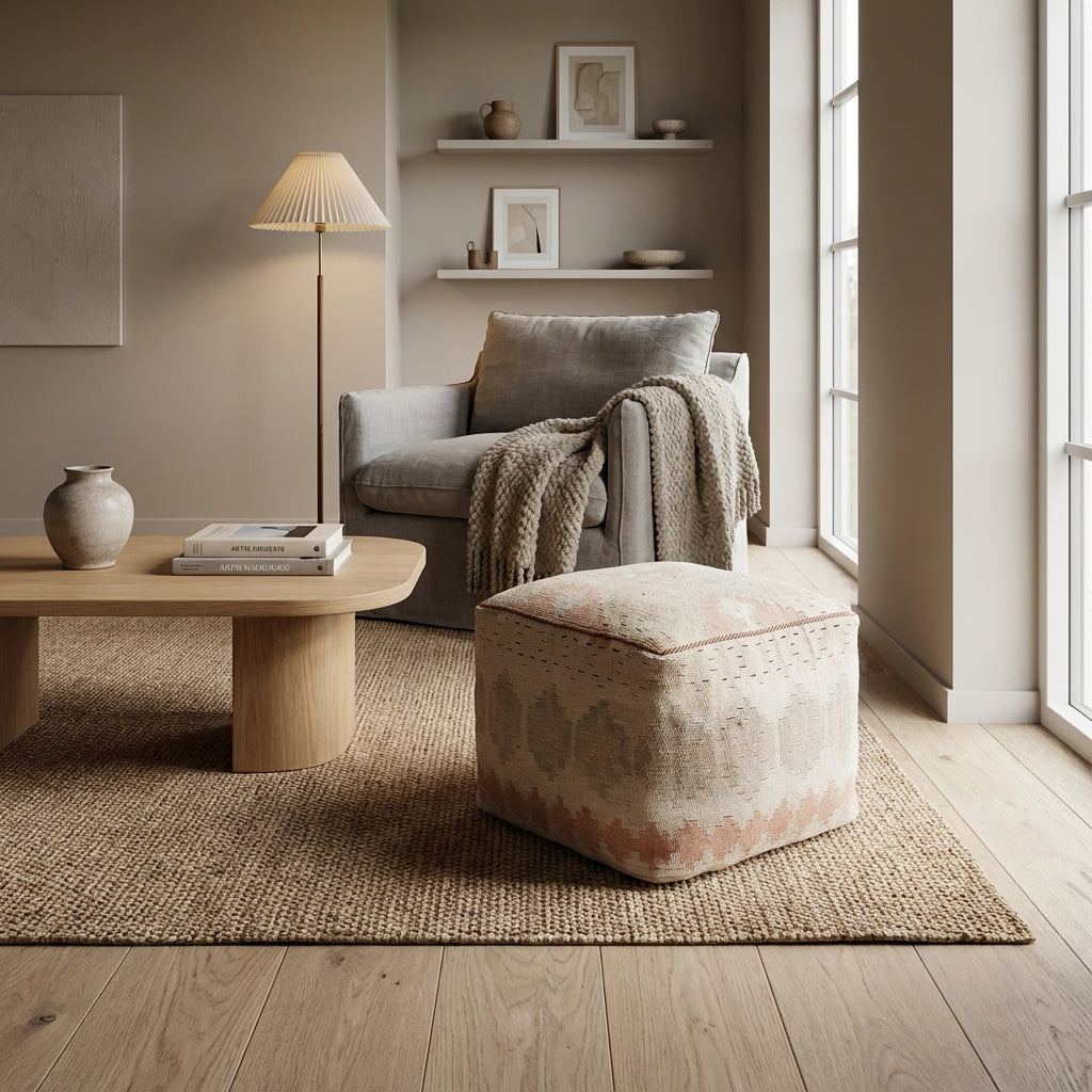 Kvadratiske Kilim puf/ottoman – creme og pudderrosa motiver (ID364)