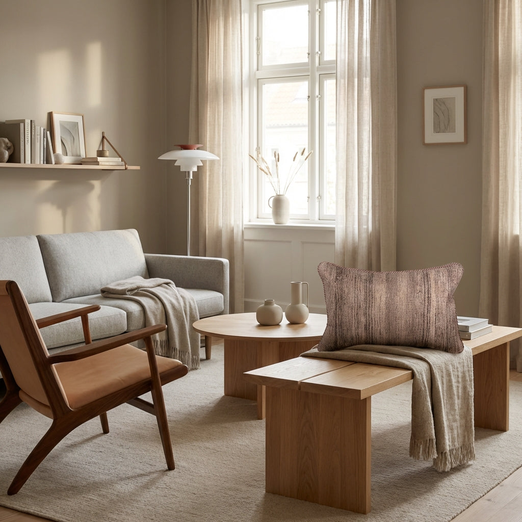 Pude med kelimbetræk (lændepude) – beige gradient striber (ID345)