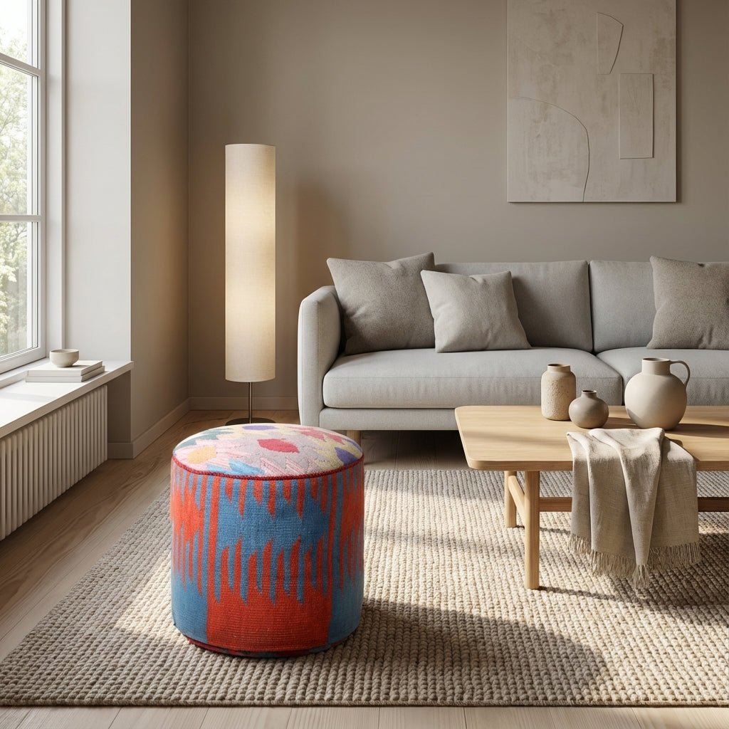 Rund kilim puf/ottoman – blå og rød ikat mønster (ID357)