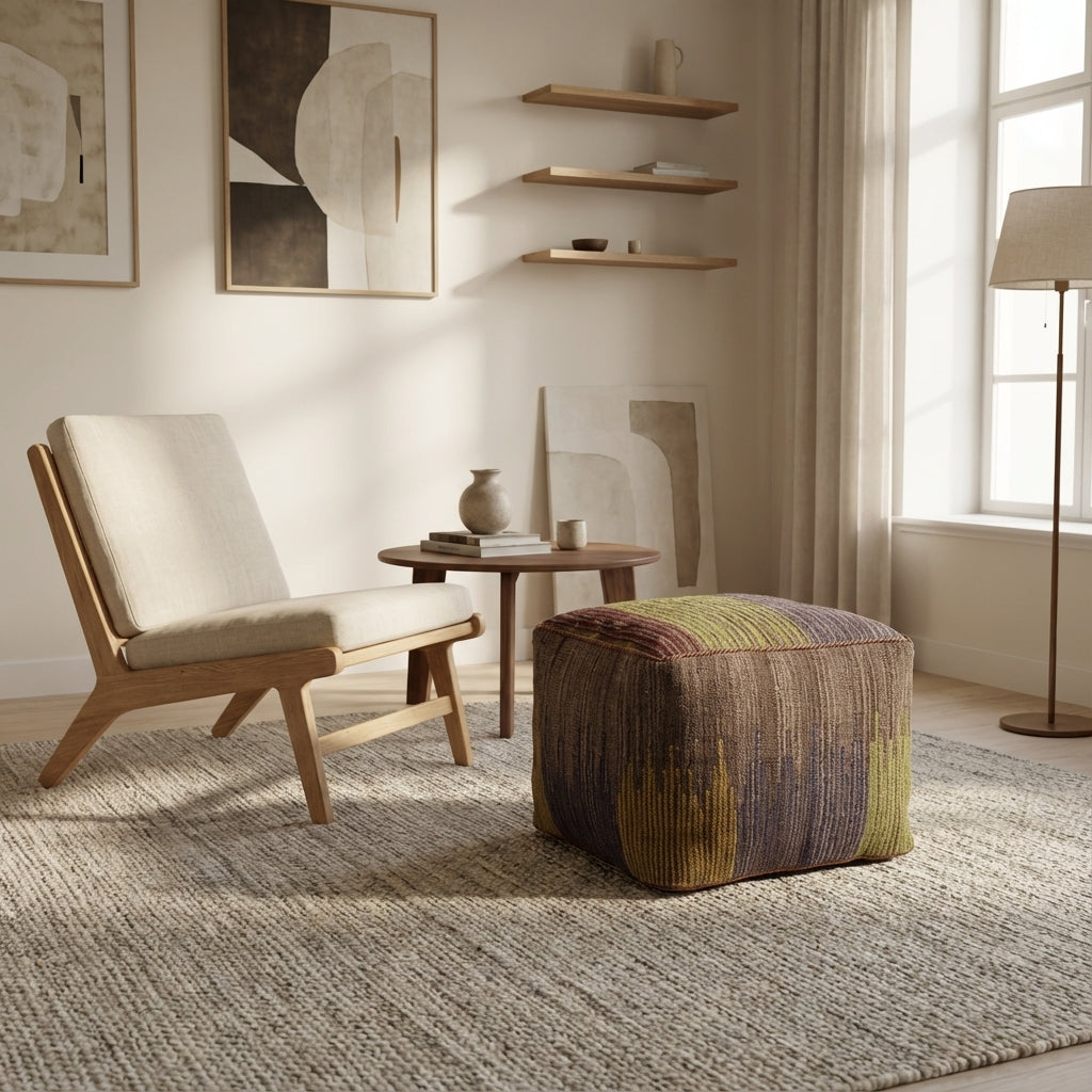 Kvadratiske Kilim puf/ottoman – grå med multifarvet Accents (ID366)