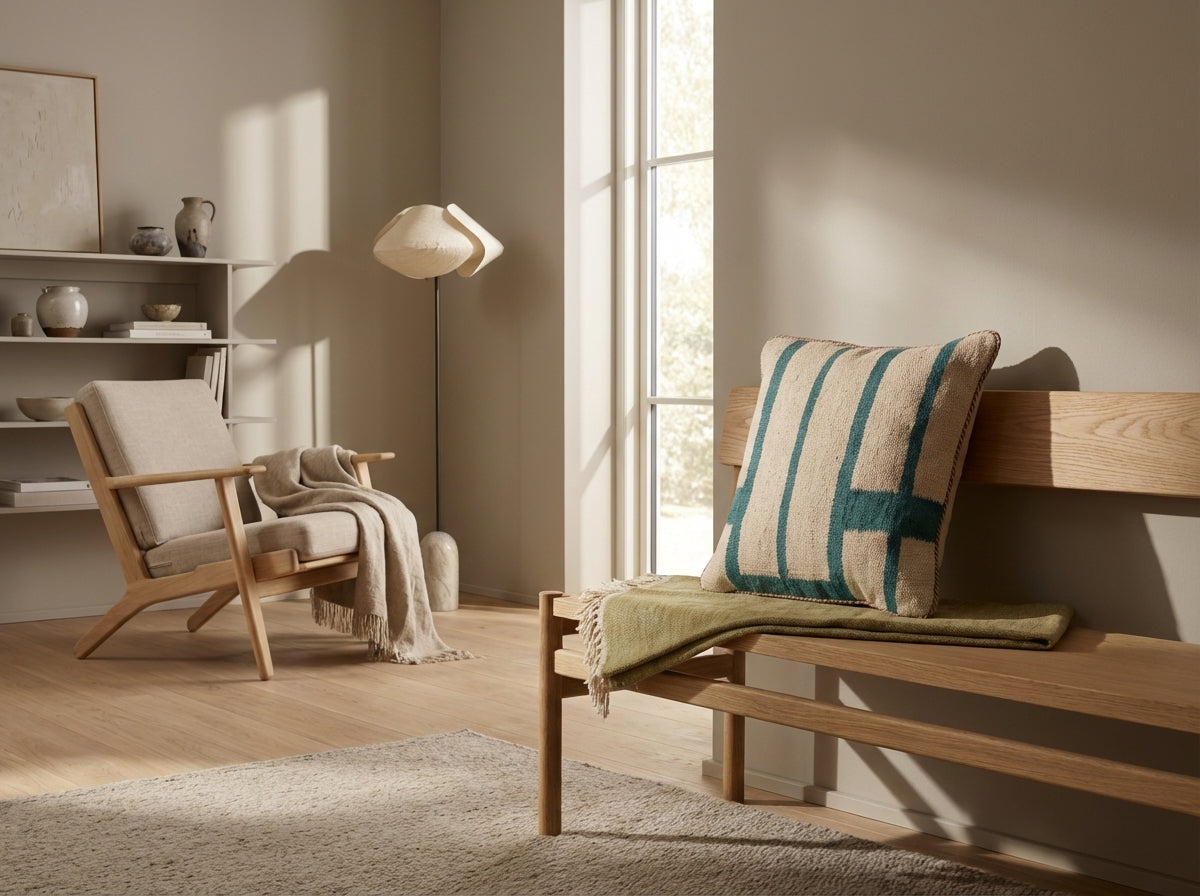 Pude med kelimbetræk (kvadrat) – creme og blågrøn striber (ID327)