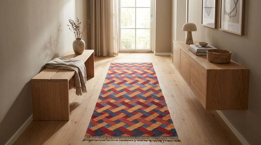 Håndvævet afghansk uld kilim tæppe 246 × 80 cm (ID188)