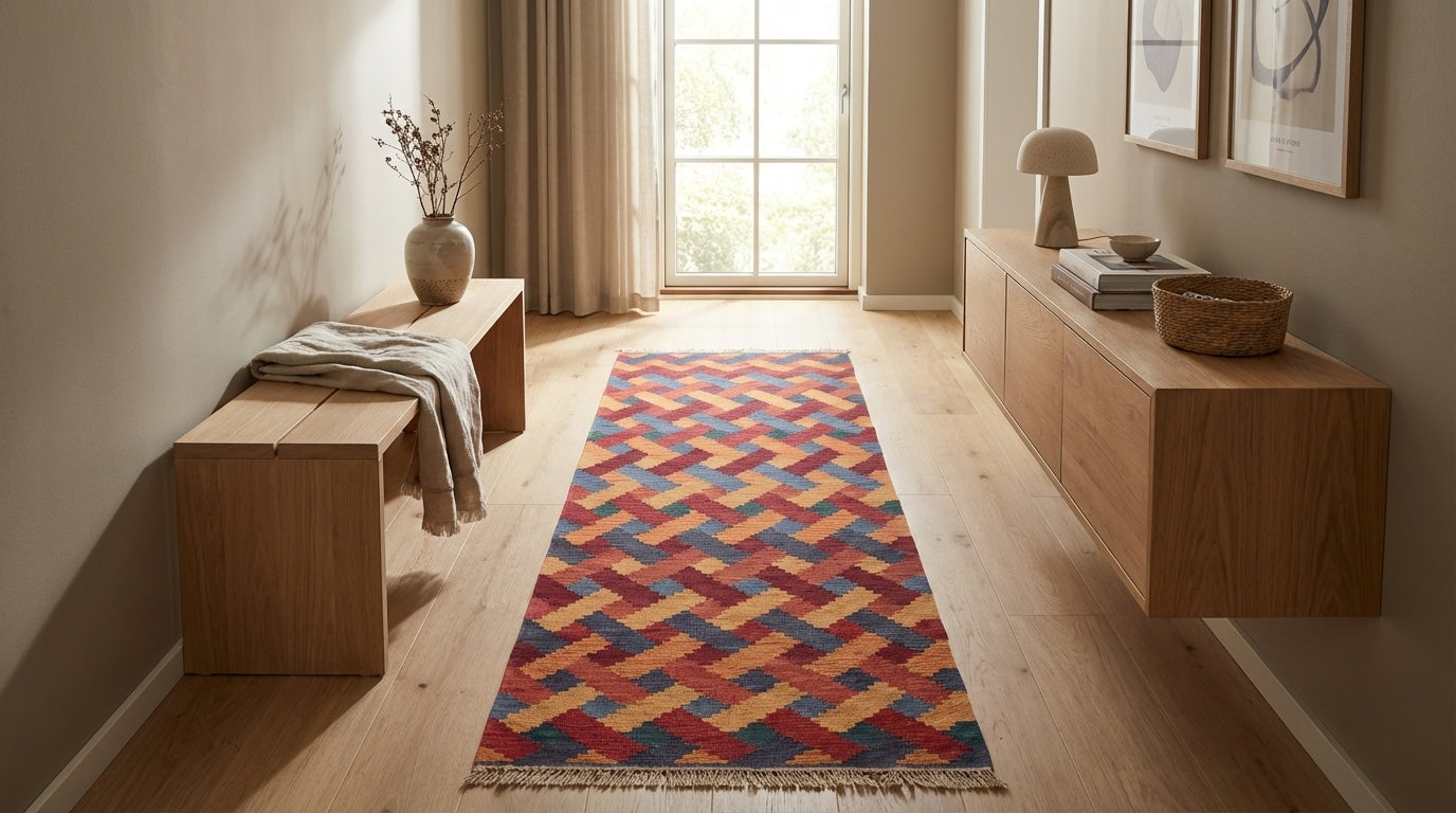 Håndvævet afghansk uld kilim tæppe 246 × 80 cm (ID188)
