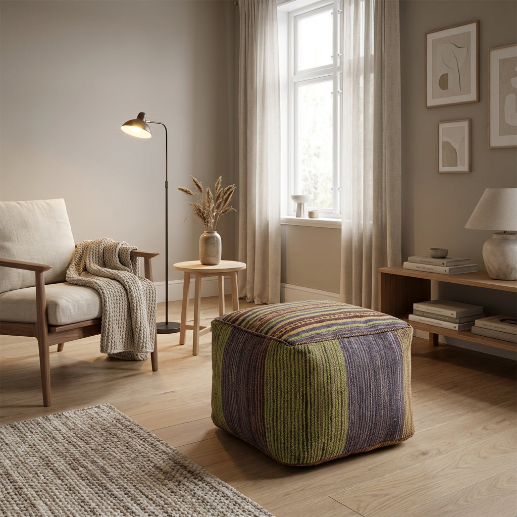 Kvadratiske Kilim puf/ottoman – grøn og indigoblå striber (ID365)