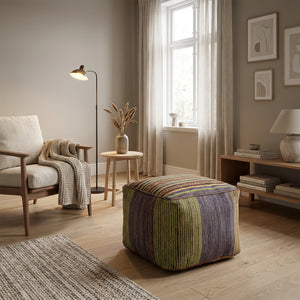 Kvadratiske Kilim puf/ottoman – grøn og indigoblå striber (ID365)