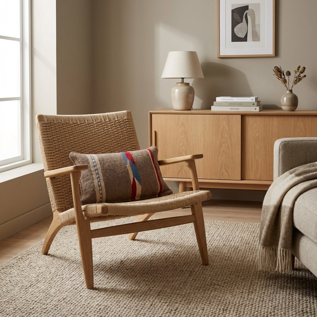 Pude med kelimbetræk (lændepude) – brun med rød og blå striber (ID343)