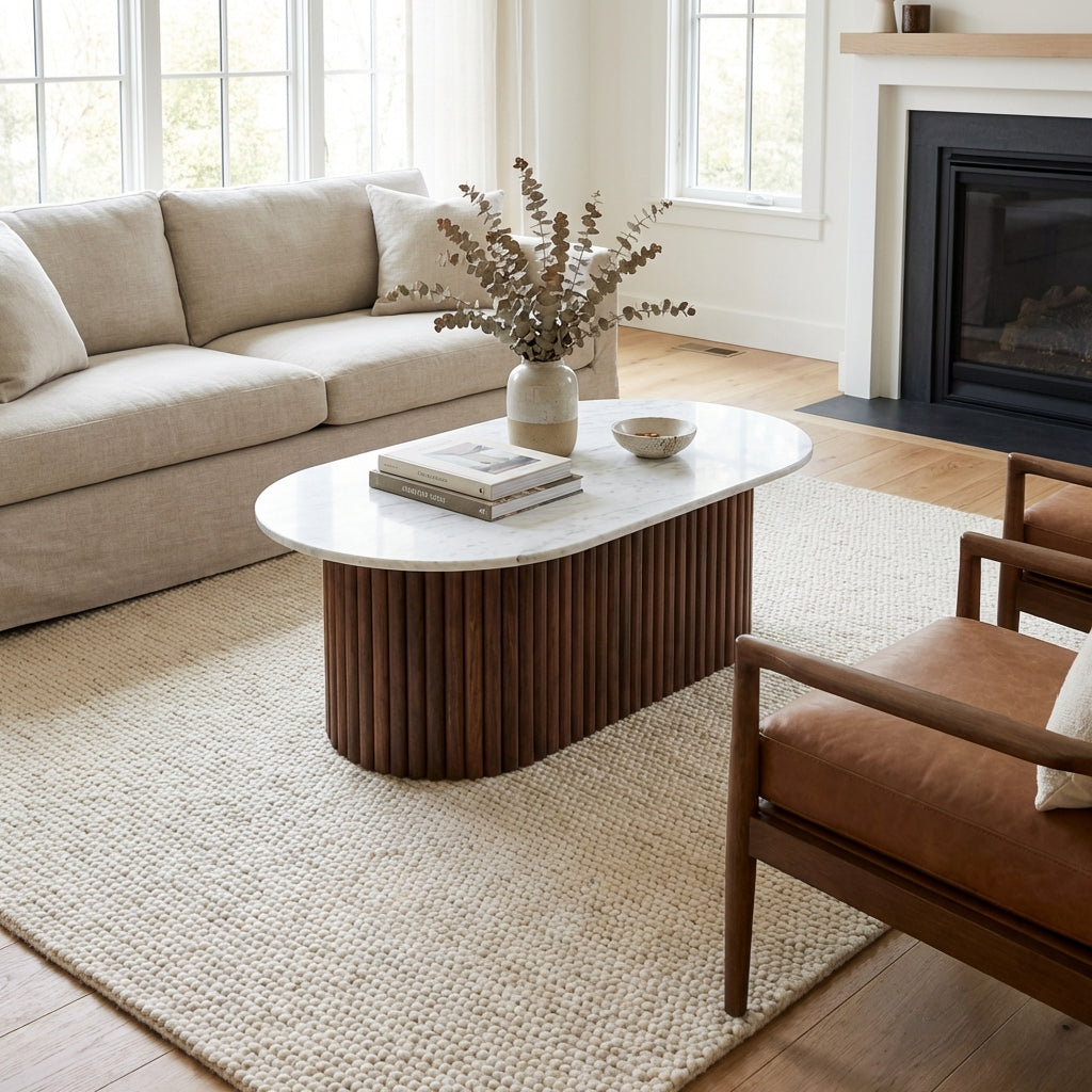 Ovalt sofabord i Valnød og Natursten (ID174)