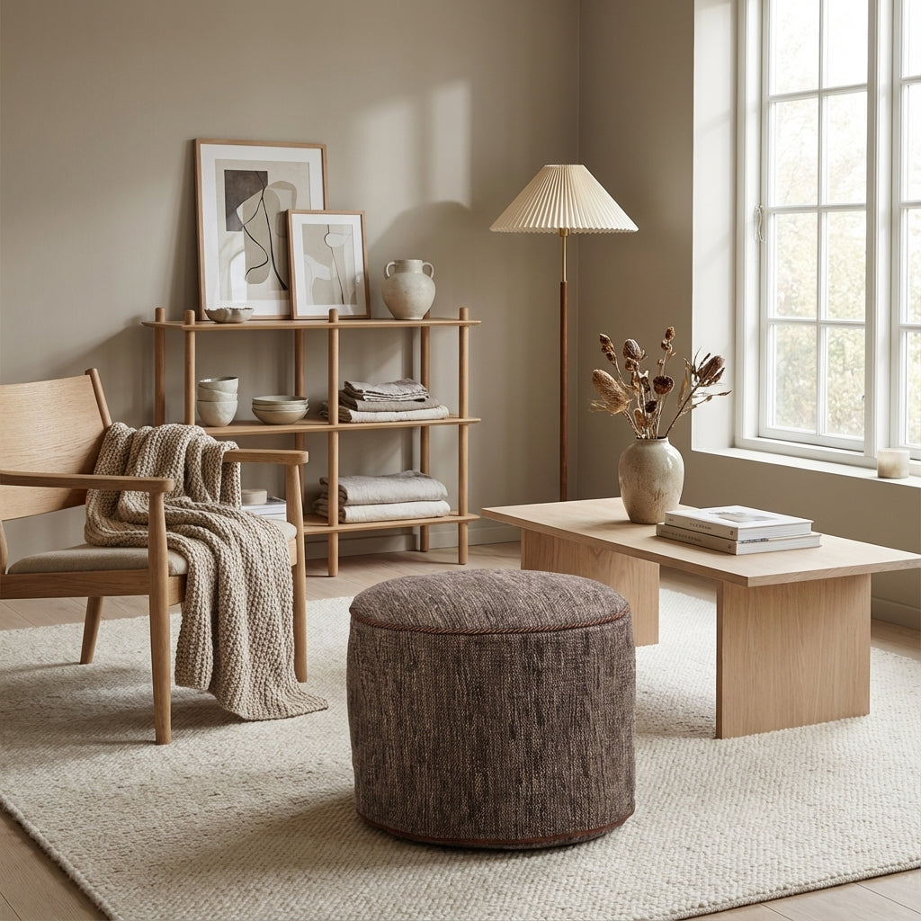 Rund kilim puf/ottoman – mørk taupe meleret (ID361)