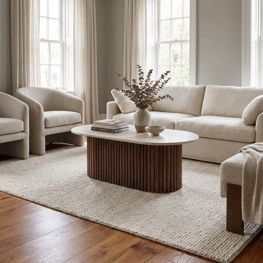 Ovalt sofabord i Valnød og Natursten (ID176)