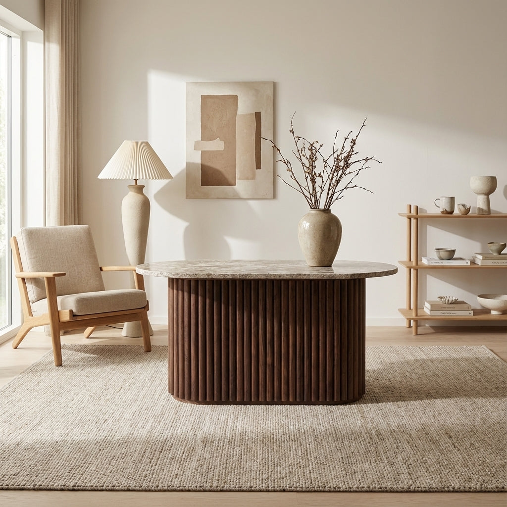 Ovalt sofabord i Valnød og Natursten (ID173)