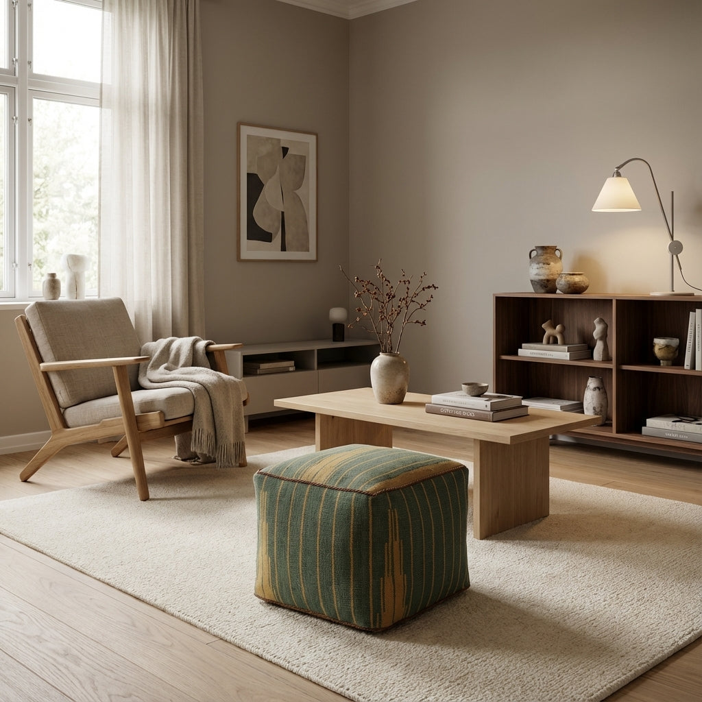 Kvadratiske Kilim puf/ottoman – grøn og sennep striber (ID369)