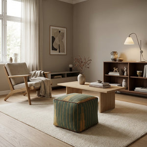 Kvadratiske Kilim puf/ottoman – grøn og sennep striber (ID369)