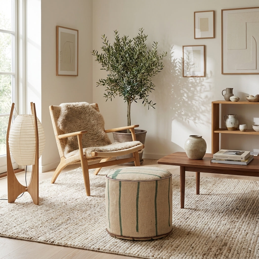 Rund kilim puf/ottoman – creme og grøn striber (ID353)