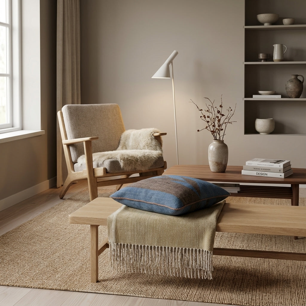 Pude med kelimbetræk (kvadrat) – blå og brun geometrisk (ID338)