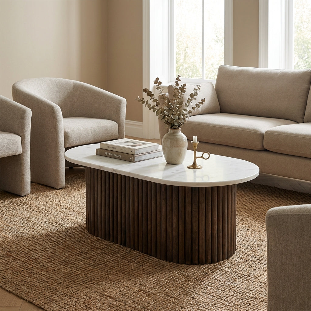 Ovalt sofabord i Valnød og Natursten (ID177)