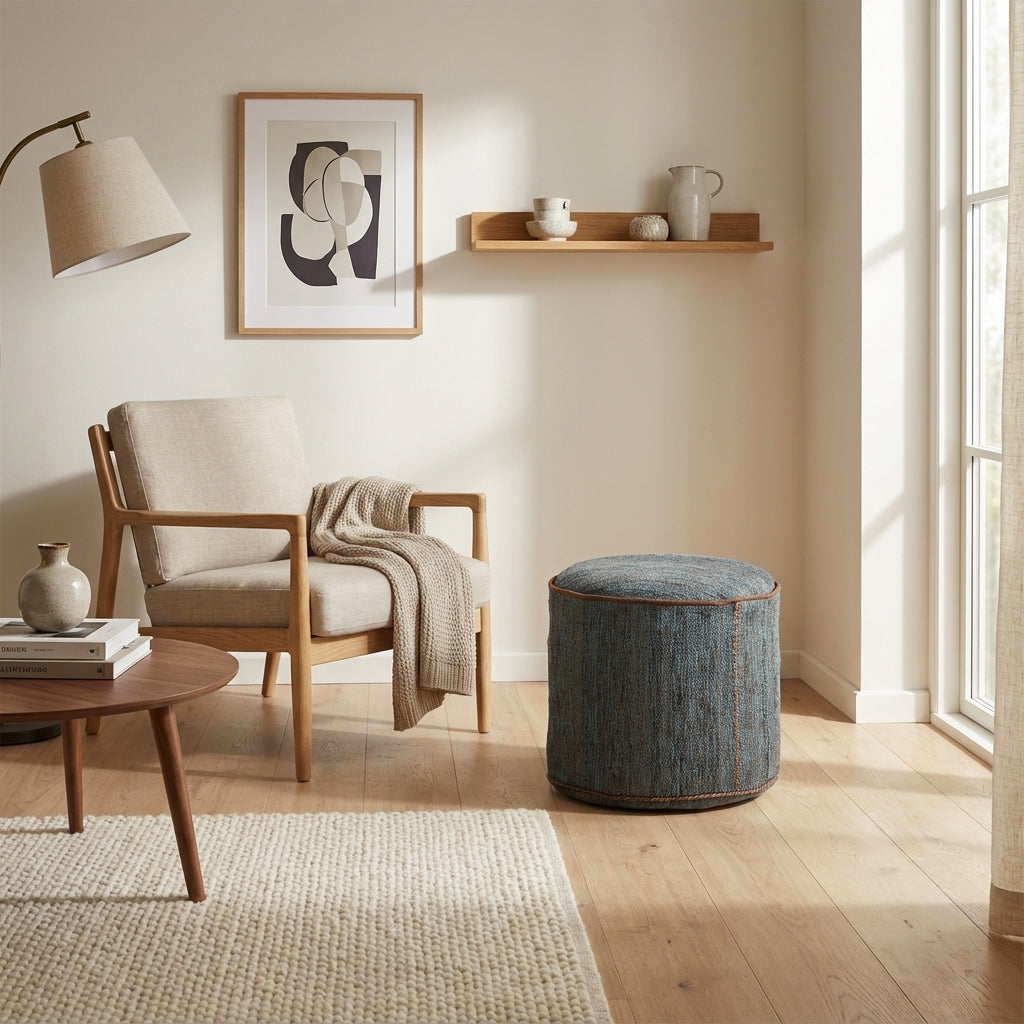 Rund kilim puf/ottoman – dyb blågrøn meleret (ID350)