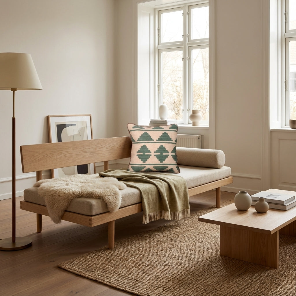 Pude med kelimbetræk (kvadrat) – creme og grøn diamant motiver (ID334)