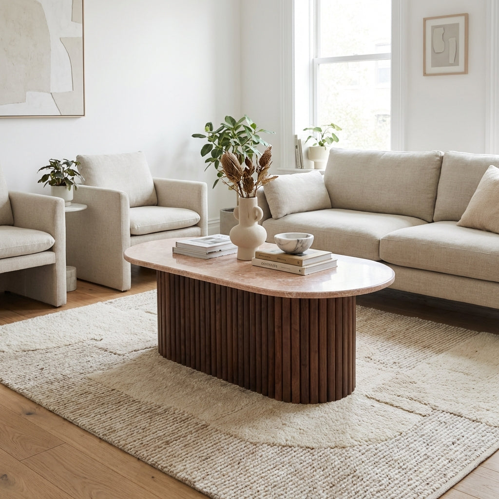 Ovalt sofabord i Valnød og Natursten (ID175)