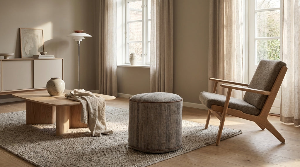 Rund kilim puf/ottoman – grå meleret (ID349)