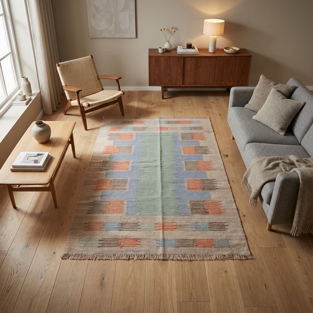 Kelim tæppe – Blue & salvie Block Pattern (ID310)