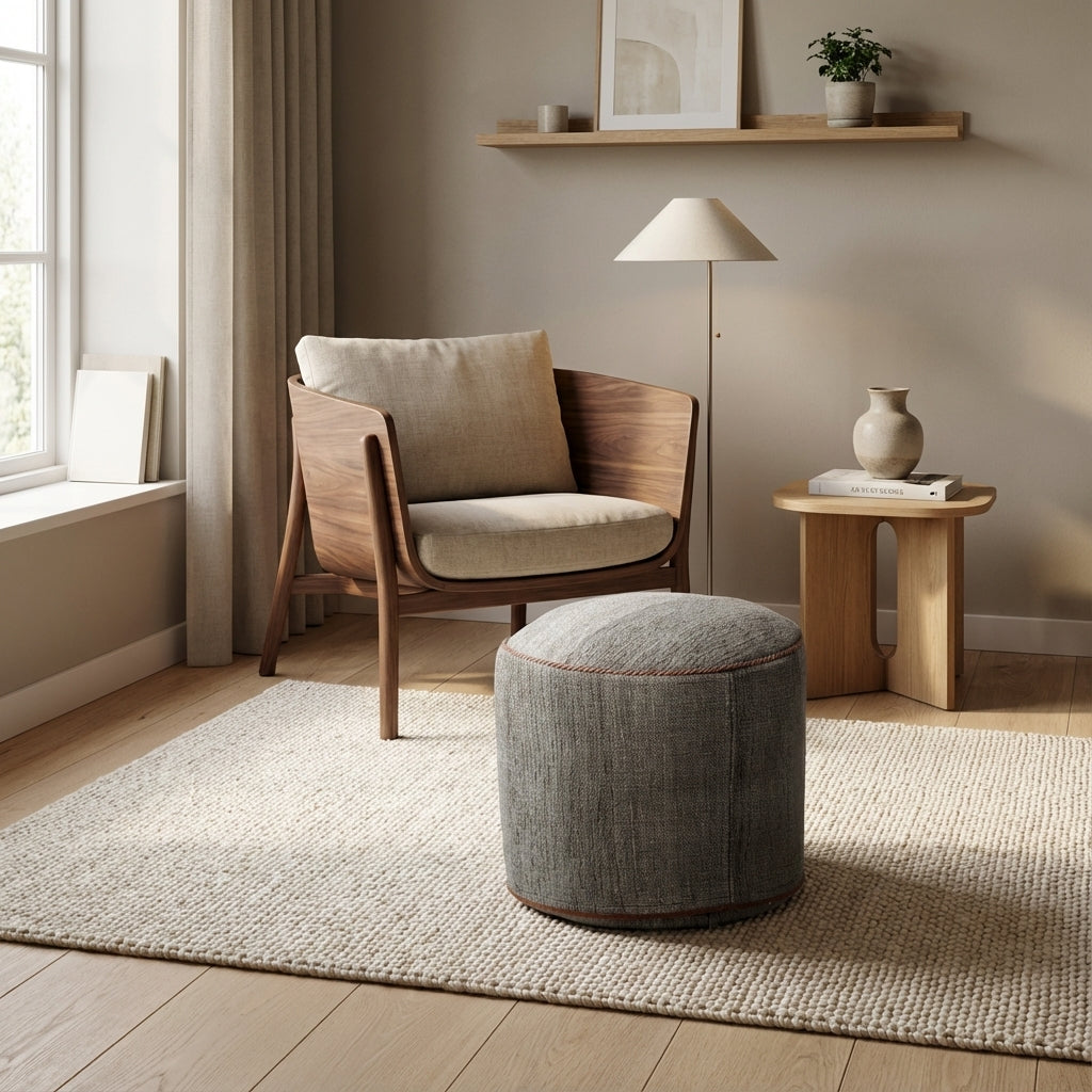 Rund kilim puf/ottoman – salvie grå meleret (ID362)