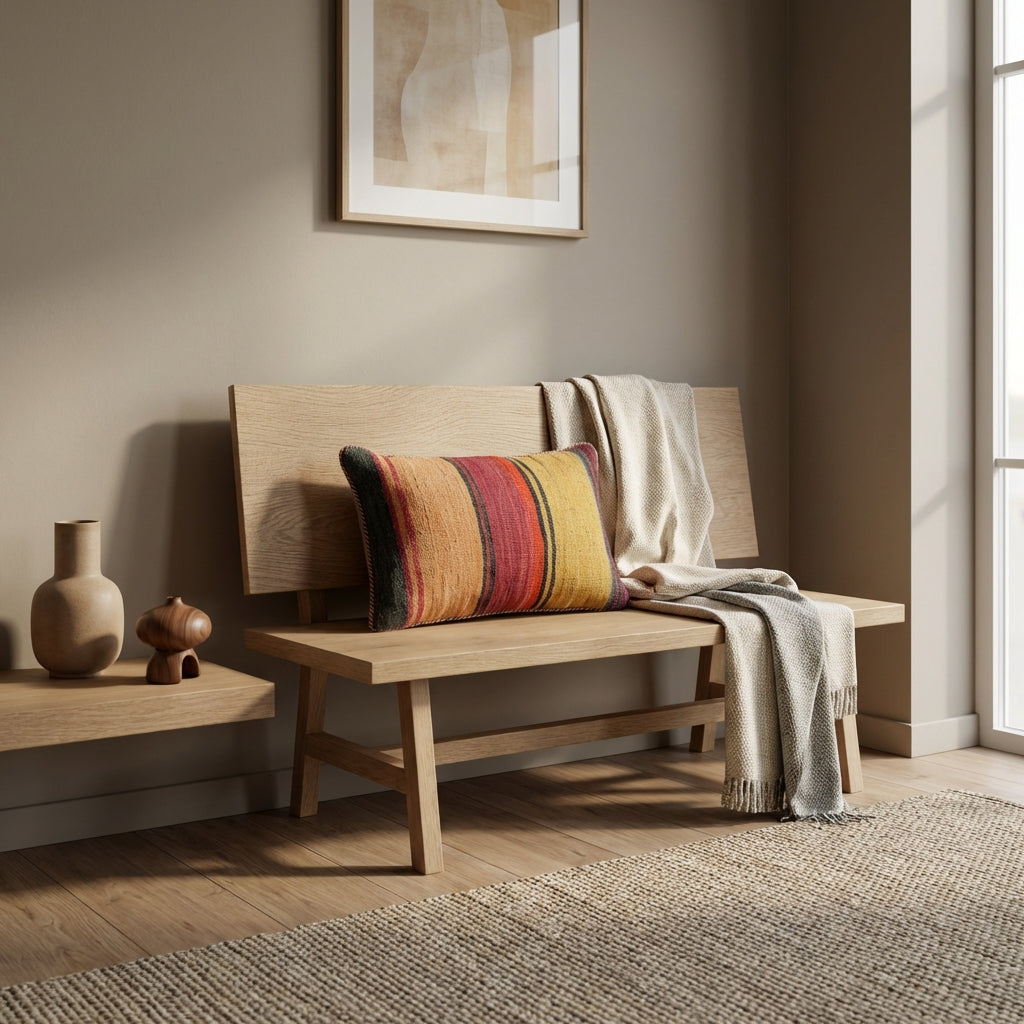 Pude med kelimbetræk (lændepude) – varme farveblok-striber (ID370)