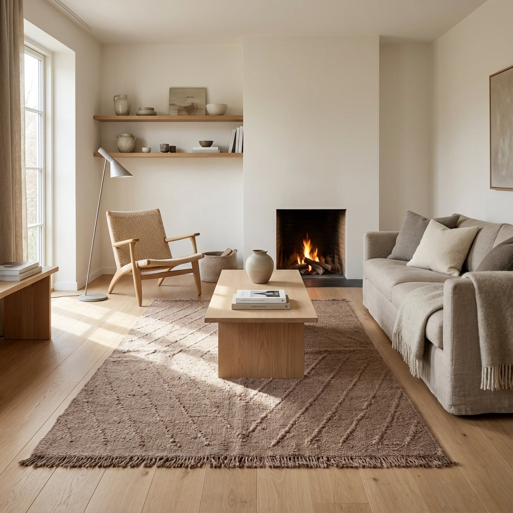 Tekstureret gulvtæppe – taupe geometrisk sting (ID323)