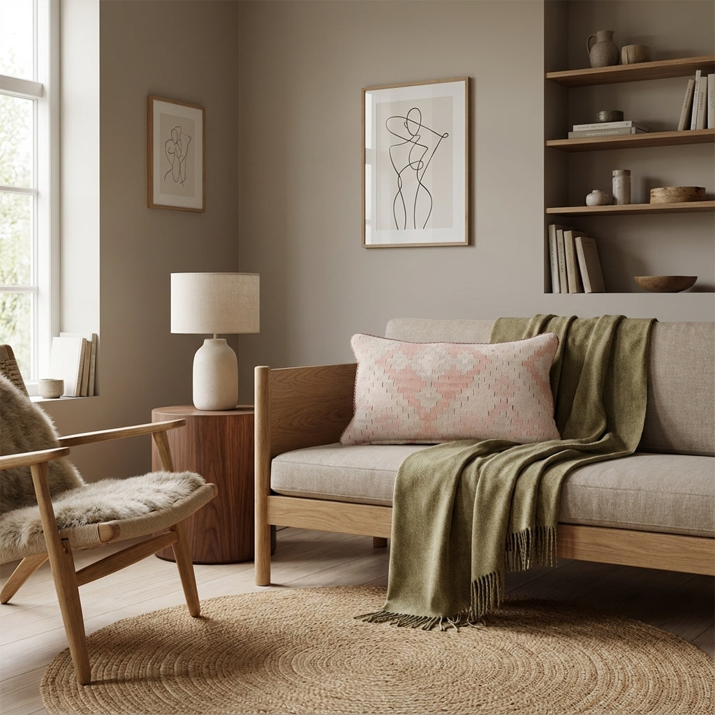 Pude med kelimbetræk (lændepude) – creme og pudderrosa motiver (ID346)