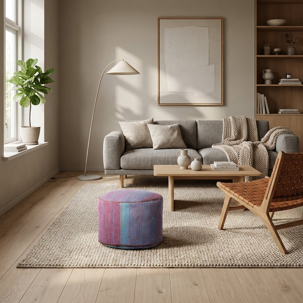 Rund kilim puf/ottoman – multifarvet stribet vævning (ID355)